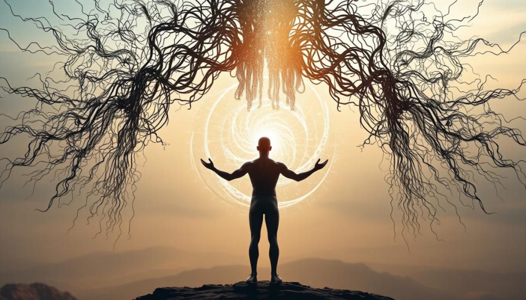 A Striking Scene Of Human And Artificial Intelligence In Harmonious Collaboration. In The Foreground, A Human Figure Stands Before A Towering Neural Network, Hands Outstretched In A Gesture Of Connection. Intricate Circuitry Winds Around The Figure, Blending Seamlessly With The Curves Of The Human Form. In The Middle Ground, A Swirling Vortex Of Data And Information Pulses With Energy, Connecting The Two Entities. The Background Is A Vast, Ethereal Landscape, Bathed In A Soft, Warm Light That Suggests A Sense Of Unity And Transcendence. The Overall Composition Conveys A Profound Integration Of Human Cognition And Ai, A Symbiotic Relationship That Elevates And Enhances The Capabilities Of Both.