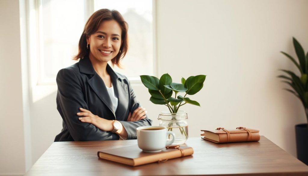 A Stylish, Well-Lit Influencer Posing Confidently Against A Minimalist Backdrop. Soft Natural Lighting Filters Through A Large Window, Creating A Warm, Inviting Ambiance. The Influencer'S Expression Radiates Authenticity And Approachability, Drawing The Viewer In. In The Middle Ground, A Neatly Arranged Still Life Of Carefully Curated Lifestyle Props - A Plant, A Mug Of Coffee, And A Leather-Bound Journal. The Background Is A Clean, Neutral Space, Allowing The Subject And The Props To Take Center Stage. This Image Conveys A Sense Of Genuine, Unscripted Content That Audiences Can Connect With On A Personal Level.
