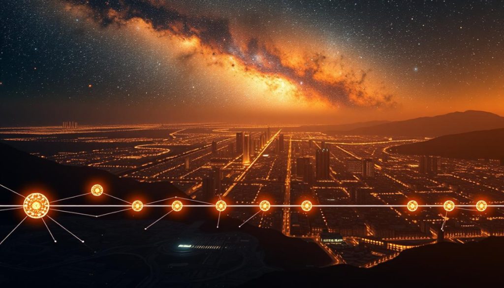 A Timeline Of Ai Evolution, Showcasing The Gradual Progression From Primitive Algorithms To Advanced Deep Learning Models. In The Foreground, A Series Of Interconnected Glowing Spheres Representing The Key Milestones, With Each Sphere Emitting A Distinct Energy Signature. In The Middle Ground, A Sprawling Cityscape Of Futuristic Architecture, Symbolic Of The Expanding Applications Of Ai Technology. The Background Is A Vast, Starry Nebula, Hinting At The Infinite Potential And Cosmic Scale Of Artificial Intelligence. The Scene Is Illuminated By A Warm, Golden Light, Casting A Sense Of Awe And Wonder. Meticulous Attention To Detail, With A Photorealistic Style That Captures The Depth And Complexity Of This Ai Evolution Narrative.