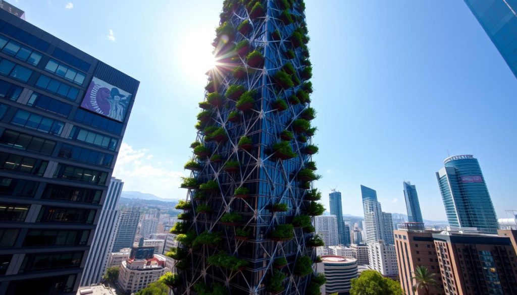 A Towering Leed Platinum Skyscraper, Torre Reforma, Stands Tall Against The Vibrant Skyline Of Mexico City. Its Sleek, Angular Facade Of Glass And Steel Reflects The City'S Modern Architecture, While Its Lush, Cascading Greenery Adorns The Building'S Terraces, Blending Nature And Technology. Sunlight Filters Through The Intricate Lattice Structure, Casting Dynamic Shadows That Dance Across The Intricate Details. The Structure'S Impressive Height And Elegant Design Command Attention, Symbolizing Mexico'S Commitment To Sustainable, Eco-Conscious Development. This Architectural Marvel, A Symbol Of Green Innovation, Is The Centerpiece Of The Urban Landscape, A Beacon Of Environmental Responsibility.