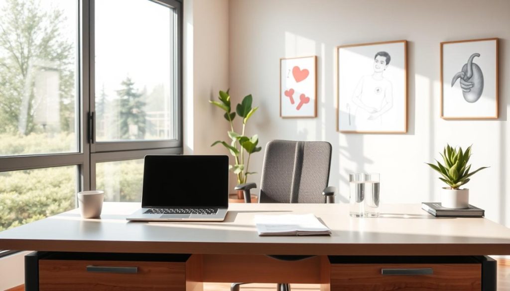 A Tranquil Office Setting, Bathed In Natural Light Filtering Through Large Windows. In The Foreground, A Desk With A Minimalist Aesthetic, Featuring A Laptop, A Few Well-Organized Papers, And A Clean Glass Of Water. In The Middle Ground, An Ergonomic Chair And A Potted Plant, Symbolizing A Balanced, Stress-Free Work Environment. The Background Showcases Soothing Pastel Walls, With A Few Framed Illustrations Depicting Simplified Health-Related Concepts. The Overall Scene Conveys A Sense Of Clarity, Focus, And A Streamlined Approach To Complex Health Information. A Tranquil Office Setting, Bathed In Natural Light Filtering Through Large Windows. In The Foreground, A Desk With A Minimalist Aesthetic, Featuring A Laptop, A Few Well-Organized Papers, And A Clean Glass Of Water. In The Middle Ground, An Ergonomic Chair And A Potted Plant, Symbolizing A Balanced, Stress-Free Work Environment. The Background Showcases Soothing Pastel Walls, With A Few Framed Illustrations Depicting Simplified Health-Related Concepts. The Overall Scene Conveys A Sense Of Clarity, Focus, And A Streamlined Approach To Complex Health Information.