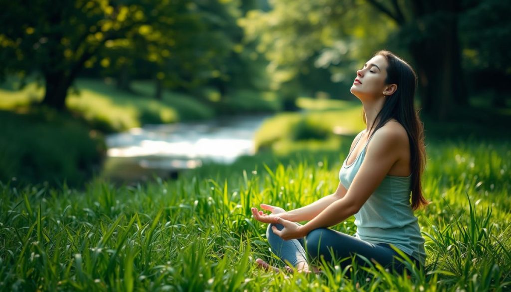 A Tranquil Setting Of A Woman Sitting Cross-Legged In A Lush, Verdant Meadow, Her Eyes Closed In Serene Contemplation. Soft Natural Lighting Filters Through The Canopy Of Trees, Casting A Warm Glow On Her Face. In The Background, A Gentle Stream Flows, Its Calming Sounds Adding To The Peaceful Atmosphere. The Woman'S Posture And Expression Radiate An Aura Of Inner Balance And Holistic Well-Being. The Scene Evokes A Sense Of Authenticity, Capturing The Essence Of Wellness Storytelling Through A Visually Captivating And Immersive Representation.