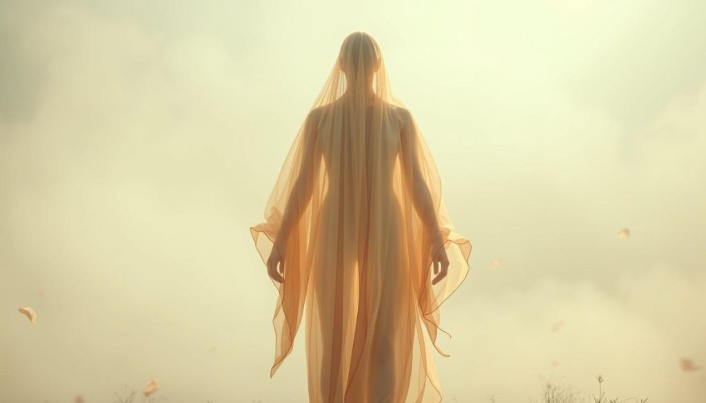 A Transparent, Ethereal Figure Standing Amidst A Hazy, Dreamlike Landscape. Gossamer-Like Robes Flow And Billow, Revealing A Transparent, Almost Ghostly Form. Soft, Diffused Lighting Casts A Gentle Glow, Highlighting The Delicate, Impermanent Nature Of The Figure. The Background Is A Serene, Mist-Shrouded Environment, With Subtle Hints Of Natural Elements Such As Floating Petals Or Wisps Of Cloud. The Overall Mood Is One Of Authenticity, Trust, And A Connection To The Natural World, Reflecting The Key Traits Of An Influential, Genuine Individual.