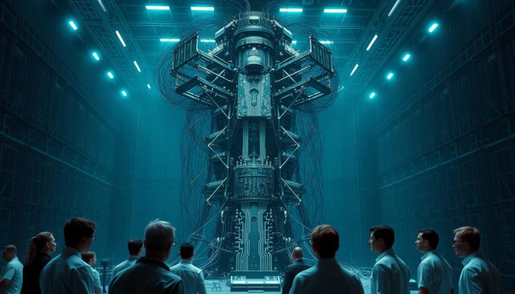 A Vast, Dimly Lit Testing Chamber, With A Towering Ai Construct At The Center, Its Circuits And Components Laid Bare. Intricate Algorithms And Data Streams Cascade Across Its Surface, Hinting At The Complexity Within. In The Foreground, A Team Of Researchers Scrutinize The Results, Their Expressions Mirroring The Limitations Of Traditional Assessment Methods. The Scene Is Bathed In A Cool, Clinical Light, Emphasizing The Stark Contrast Between The Ai'S Potential And The Constraints Of Current Evaluation Techniques. Subtle Hints Of Doubt And Uncertainty Linger, Underscoring The Need For More Nuanced And Comprehensive Approaches To Measuring The Capabilities Of Advanced Ai Systems.