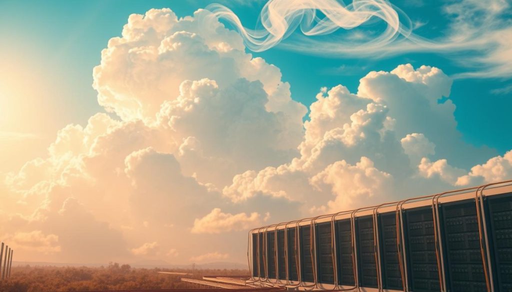 A Vast, Ethereal Cloud Formation Hovers In A Cerulean Sky, Its Wispy Tendrils Intertwining Gracefully. Sunlight Filters Through, Casting A Warm, Golden Glow Upon The Scene. In The Foreground, A Sleek, Futuristic Data Center Stands, Its Servers Humming With Efficient Energy. Cables And Conduits Snake Across The Landscape, Connecting The Cloud To The Physical Infrastructure Below. The Overall Atmosphere Conveys A Sense Of Seamless Integration, Where Digital And Physical Realms Converge To Create A Harmonious, Serverless Ai Architecture.