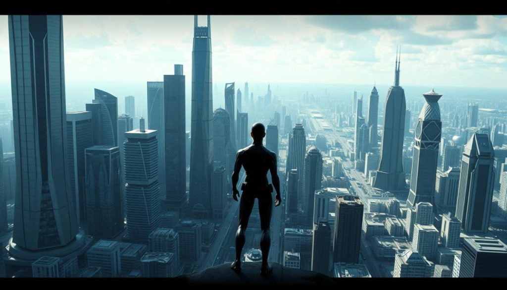 A Vast, Futuristic Cityscape Stretches Out, Its Sleek Skyscrapers And Efficient Infrastructure A Testament To The Power Of Automation. Yet, Amidst The Gleaming Towers, A Single Human Figure Stands, A Stark Contrast To The Mechanical Precision That Surrounds Them. Their Posture Exudes A Sense Of Isolation, A Disconnect From The Relentless Efficiency That Has Consumed The Urban Landscape. The Lighting Is Harsh, Casting Deep Shadows That Symbolize The Loss Of The Human Touch In This Over-Automated World. The Scene Evokes A Sense Of Unease, A Reminder That In Our Pursuit Of Technological Progress, We Must Not Forget The Importance Of The Human Element.