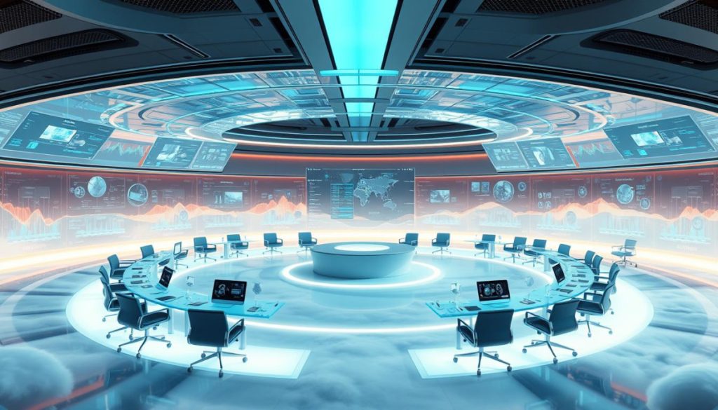 A Vast, Holographic Conference Room Floats In A Dreamlike, Futuristic Landscape. Sleek, Ergonomic Desks And Chairs Hover In Midair, Arranged In Concentric Circles. Translucent Screens Display Intricate Data Visualizations, Animated Charts, And Live Video Feeds. Soft, Ambient Lighting Bathes The Scene In A Warm, Inviting Glow, Creating An Atmosphere Of Cutting-Edge Professionalism. In The Center, A Virtual Podium Stands Ready For A Presenter To Deliver A Metaverse-Enhanced Corporate Communication. The Overall Impression Is One Of Spatial Computing Innovation, Blending The Physical And Digital Realms For A Transformative Business Experience.