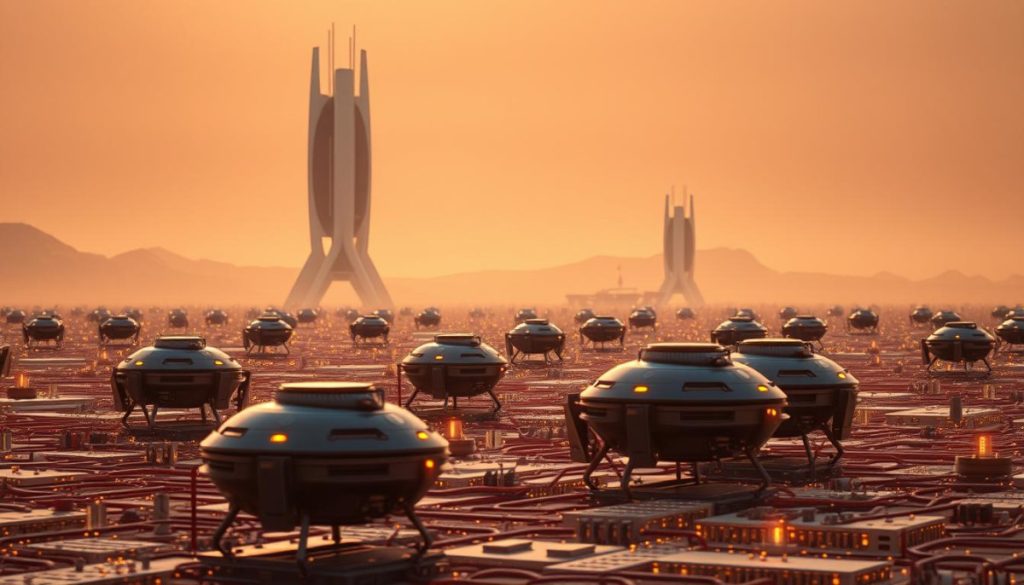 A Vast Landscape Of Interconnected Circuits, Metallic Shells, And Pulsing Lights. In The Foreground, A Cluster Of Autonomous Agents Navigates The Terrain With Calculated Precision, Their Sensors Scanning The Environment. In The Middle Ground, Towering Structures Of Sleek, Angular Design Rise From The Ground, Housing The Central Processing Hubs That Orchestrate The Systems' Evolution. The Background Is Bathed In A Warm, Amber Glow, Casting A Tranquil Yet Powerful Atmosphere Over The Scene. Soft Shadows And Highlights Accentuate The Intricate Details, Creating A Sense Of Depth And Dimensionality. The Image Conveys The Seamless Integration Of Technology And The Constant Progression Towards A Future Where Autonomous Systems Are The Driving Force Behind Innovation And Discovery.