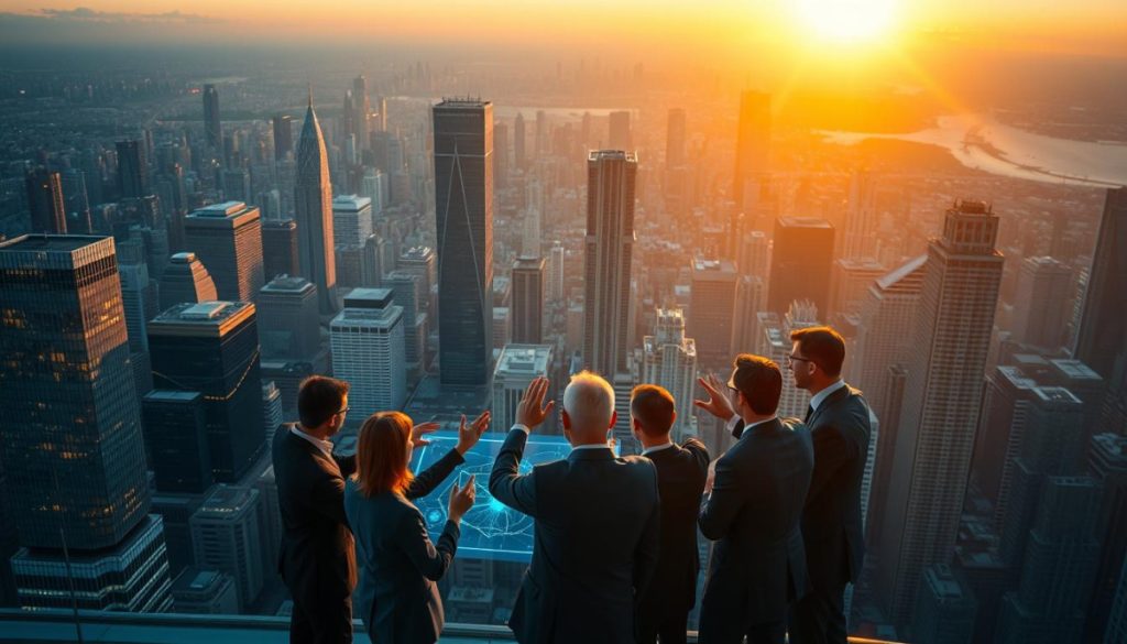 A Vast, Sprawling Cityscape Of Gleaming Skyscrapers And Shimmering Glass Facades, Bathed In The Warm Glow Of A Setting Sun. In The Foreground, A Group Of Professionals Gather Around A Holographic Display, Gesturing Animatedly As They Collaborate On Cutting-Edge Digital Transformation Solutions. The Scene Radiates A Sense Of Innovation, Dynamism, And A Seamless Integration Of Technology Into The Fabric Of Modern Life. The Lighting Is Crisp And Cinematic, Casting Dramatic Shadows And Highlights That Accentuate The Sleek, Futuristic Aesthetic. The Overall Atmosphere Is One Of Progress, Efficiency, And A Forward-Thinking Approach To Problem-Solving In The Digital Age. A Vast, Sprawling Cityscape Of Gleaming Skyscrapers And Shimmering Glass Facades, Bathed In The Warm Glow Of A Setting Sun. In The Foreground, A Group Of Professionals Gather Around A Holographic Display, Gesturing Animatedly As They Collaborate On Cutting-Edge Digital Transformation Solutions. The Scene Radiates A Sense Of Innovation, Dynamism, And A Seamless Integration Of Technology Into The Fabric Of Modern Life. The Lighting Is Crisp And Cinematic, Casting Dramatic Shadows And Highlights That Accentuate The Sleek, Futuristic Aesthetic. The Overall Atmosphere Is One Of Progress, Efficiency, And A Forward-Thinking Approach To Problem-Solving In The Digital Age.