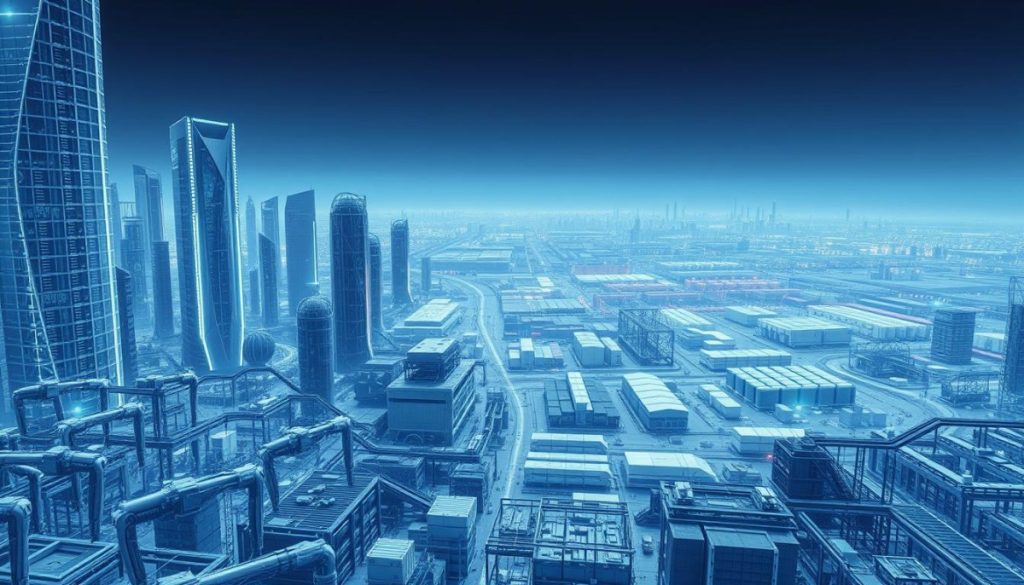 A Vast, Sprawling Cityscape Of Sleek, Futuristic Enterprise Automation Systems. Gleaming Towers Of Glass And Steel, Their Facades Adorned With Intricate Arrays Of Sensors, Actuators, And Communication Arrays. In The Foreground, An Intricate Web Of Robotic Assembly Lines, Their Mechanical Limbs Moving With Precision And Grace, Constructing Advanced Technological Components. The Middle Ground Is Filled With A Labyrinth Of Interconnected Data Centers, Their Server Racks Humming With The Energy Of Countless Parallel Computations. In The Distance, The Horizon Is Dominated By Sprawling Industrial Parks, Where Autonomous Vehicles Ferry Goods And Materials Between Highly Automated Warehouses And Distribution Hubs. The Scene Is Bathed In A Cool, Blue-Tinged Light, Suggesting A Sense Of Efficiency, Control, And Technological Mastery. The Overall Atmosphere Conveys The Seamless Integration Of Complex Agentic Ai Systems That Power The Growth And Optimization Of A Modern Enterprise.