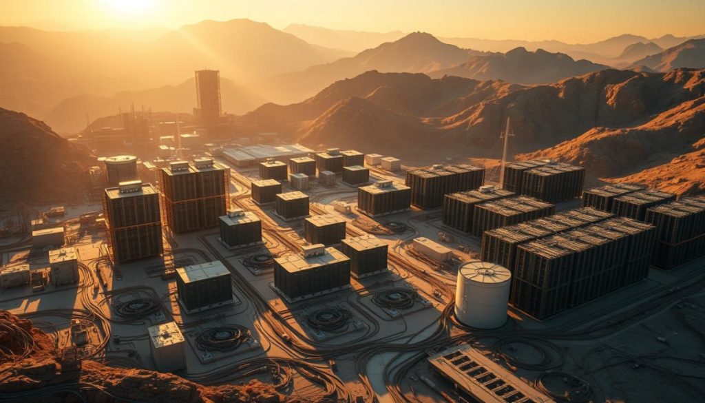 A Vast, Sprawling Data Center Complex Nestled Amidst A Rugged, Mountainous Landscape. Towering Server Racks And Cooling Towers Dot The Scene, Their Intricate Designs Casting Dramatic Shadows Under The Warm, Golden Glow Of The Sun. Cables And Conduits Snake Across The Ground, Connecting The Various Components In A Intricate Web Of Technology. The Air Hums With The Constant Activity Of Thousands Of Networked Devices, Their Energy Consumption A Testament To The Insatiable Demands Of Modern Ai Systems. The Overall Atmosphere Is One Of Scale, Power, And The Relentless March Of Technological Progress, Underscoring The Immense Energy Requirements That Fuel The Ai Revolution.