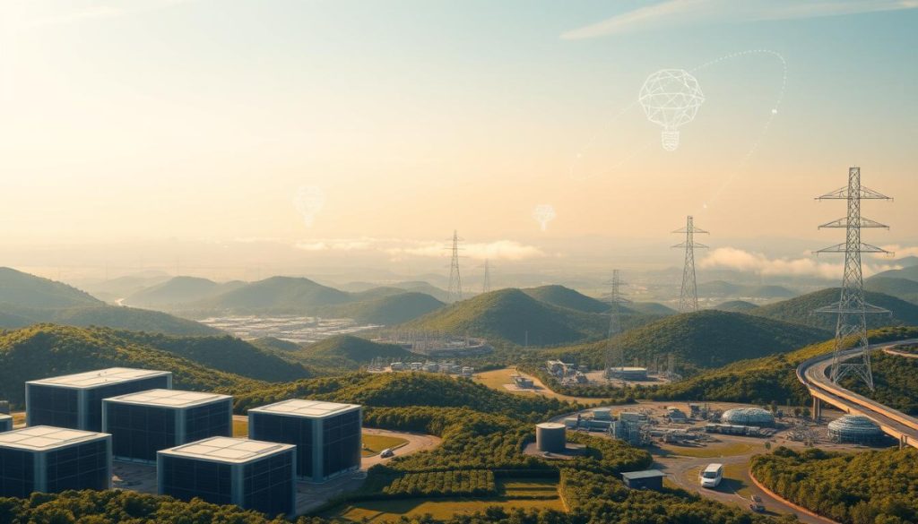 A Vast, Sprawling Landscape Of Interconnected Digital Systems And Ai-Powered Technologies. In The Foreground, Sleek Data Centers And Cloud Infrastructure Hum With Activity, Their Geometric Forms Juxtaposed Against A Backdrop Of Lush, Verdant Hills. Towering Pylons And Communication Arrays Dot The Horizon, Symbolizing The Ubiquitous Reach Of The Digital Realm. The Sky Is Bathed In A Warm, Golden Glow, Creating A Sense Of Optimism And Progress. Scattered Throughout The Scene, Subtle Nods To Ai - Autonomous Vehicles, Robotic Figures, And Complex Neural Network Visualizations - All Working In Harmony To Drive Digital Growth And Transformation. Captured Through The Lens Of A High-Resolution Camera, The Image Conveys A Sense Of Scale, Complexity, And The Endless Possibilities That Lie Within The Intersection Of Ai And The Digital Landscape.
