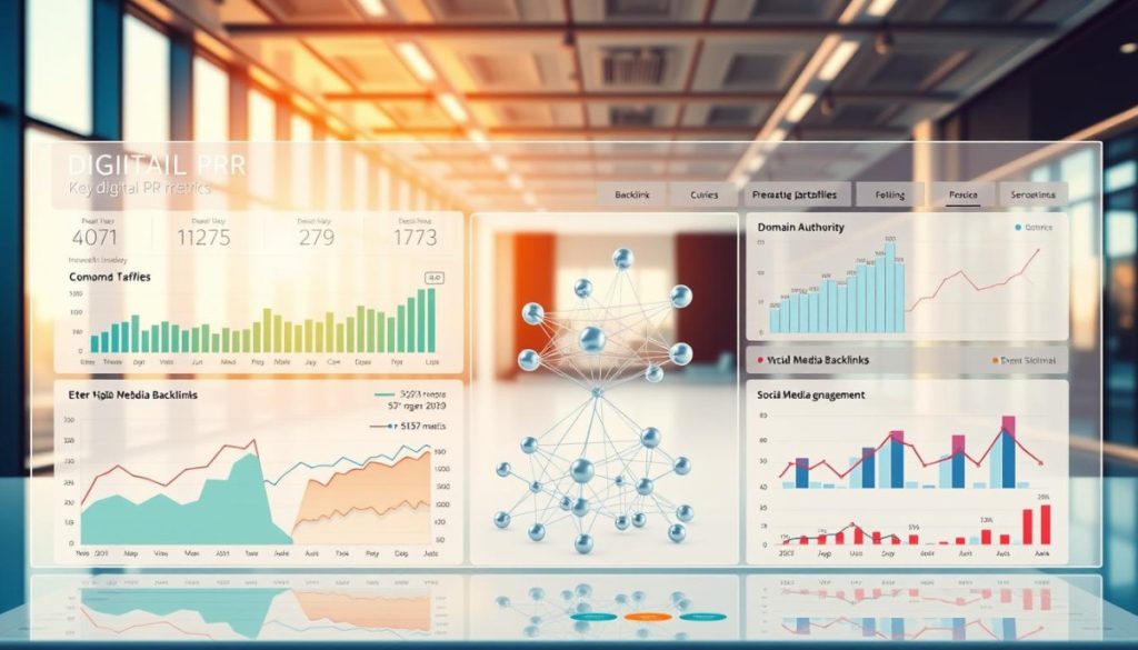 A Vibrant And Detailed Data Visualization Dashboard Showcasing Key Digital Pr Metrics. In The Foreground, An Array Of Interactive Graphs And Charts Displaying Metrics Like Backlink Profiles, Domain Authority, Referral Traffic, And Social Media Engagement. The Middle Ground Features A 3D Model Of A Network Diagram, Visualizing The Interconnected Web Of High-Quality Backlinks. In The Background, A Sleek And Modern Office Setting With Floor-To-Ceiling Windows, Casting Warm, Directional Lighting That Accentuates The Dashboard'S Crisp Typography And Clean Design. The Overall Mood Is One Of Analytical Precision, Clarity, And The Power Of Data-Driven Decision Making.