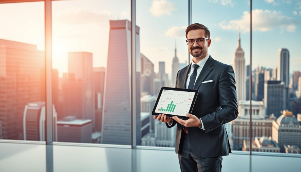 A Vibrant And Dynamic Scene Depicting Financial Literacy And Business Success. In The Foreground, A Well-Dressed Professional Stands Confidently, Holding A Tablet Displaying Financial Charts And Graphs, Bathed In Warm, Directional Lighting. In The Middle Ground, A Sleek, Modern Office Environment With Floor-To-Ceiling Windows Overlooking A Bustling City Skyline. The Background Features A Montage Of Iconic Financial Landmarks, Such As Stock Exchange Buildings And Corporate Headquarters, All Rendered In A Crisp, Photorealistic Style. The Overall Mood Is One Of Empowerment, Achievement, And The Importance Of Understanding Complex Financial Concepts.