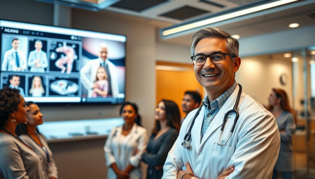 A Vibrant And Engaging Healthcare Video Content Scene. In The Foreground, A Smiling Doctor In A White Coat Stands Before A Large Screen Displaying Medical Imagery. The Middle Ground Features A Group Of Attentive Patients Listening Intently, Their Faces Lit By The Warm Glow Of The Screen. In The Background, A Modern, Well-Equipped Medical Facility With Sleek, Contemporary Design Elements. The Lighting Is Soft And Natural, Creating A Sense Of Trust And Professionalism. The Camera Angle Is Slightly Elevated, Giving The Viewer A Sense Of Authority And Expertise. The Overall Atmosphere Is One Of Informative, Yet Approachable Healthcare Content That Inspires Confidence And Engagement.