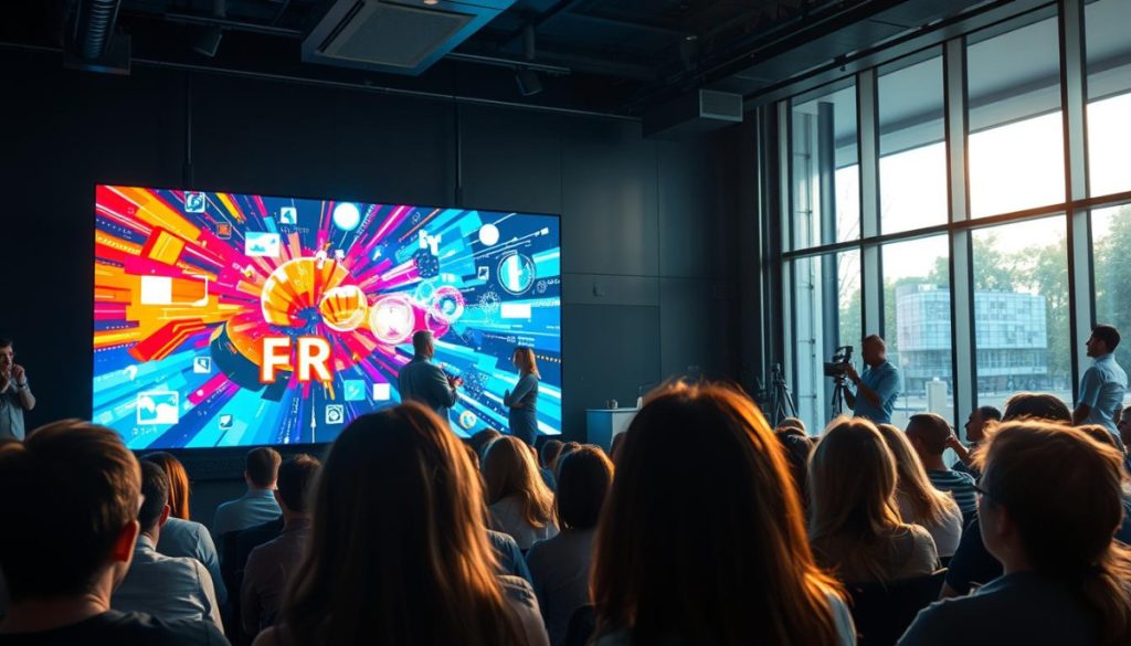 A Vibrant And Immersive Visual Landscape Depicting The Powerful Impact Of Visual Content On Audience Engagement. In The Foreground, A Captivated Audience, Their Eyes Transfixed On A Large, High-Resolution Display Showcasing A Dynamic, Visually-Striking Presentation. The Middle Ground Features A Team Of Content Creators, Strategists, And Pr Professionals Collaborating To Craft The Engaging Visuals. In The Background, A Sleek, Modern Office Setting With Floor-To-Ceiling Windows, Allowing Natural Light To Flood The Space And Accentuate The Visuals. The Scene Conveys A Sense Of Energy, Innovation, And The Growing Dominance Of Visual Communication In Media Strategies.