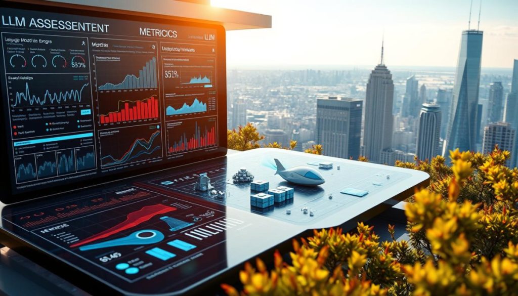 A Vibrant And Technologically-Advanced Digital Landscape, Featuring A Central Display Showcasing Various Llm Assessment Metrics And Visualizations. The Scene Is Bathed In A Warm, Natural Lighting, Casting Subtle Shadows And Highlights Across The Sleek, Futuristic Interface. In The Foreground, Intricate Data Visualizations And Graphs Present A Comprehensive Overview Of Language Model Capabilities, While The Middle Ground Features 3D-Rendered Models And Simulations Demonstrating The Practical Applications Of These Assessments. The Background Is A Panoramic Vista Of A Bustling City, With Towering Skyscrapers And A Glimpse Of The Horizon, Symbolizing The Integration Of These Advanced Technologies Into The Digital Era.