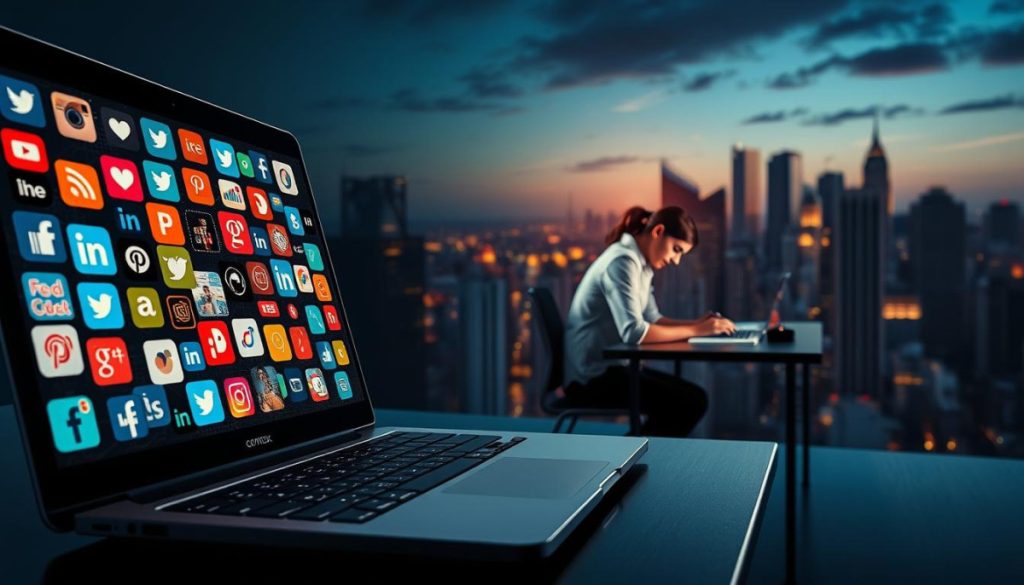 A Vibrant Collage Of Content Repurposing Strategies, Captured In A Dynamic, Hyperrealistic Style. In The Foreground, A Laptop Screen Displays Various Social Media Icons, Representing Diverse Channels For Content Distribution. In The Middle Ground, A Person Sits At A Desk, Meticulously Curating And Adapting Content, Their Expression Focused And Determined. The Background Features A Cityscape, Symbolizing The Widespread Reach And Impact Of Cross-Platform Pr Repurposing. Dramatic Lighting Casts Long Shadows, Adding Depth And A Sense Of Urgency To The Scene. The Overall Composition Conveys The Efficiency, Adaptability, And Far-Reaching Influence Of Effective Content Repurposing Strategies.