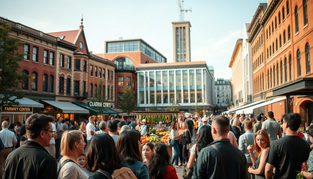A Vibrant Community Gathering In A Bustling Town Square, Surrounded By Well-Maintained Historic Buildings And Local Businesses. In The Foreground, A Group Of Neighbors Engaged In Lively Conversation, Their Faces Lit By Warm Natural Lighting. In The Middle Ground, A Farmers Market Brimming With Fresh Produce And Artisanal Goods, Drawing In A Diverse Crowd Of Engaged Residents. In The Background, A Newly Renovated Community Center Stands Tall, Its Modern Architecture Complementing The Traditional Structures Nearby. An Atmosphere Of Civic Pride And Togetherness Pervades The Scene, Showcasing The Positive Impact Of Successful Community-Focused Public Relations Efforts.