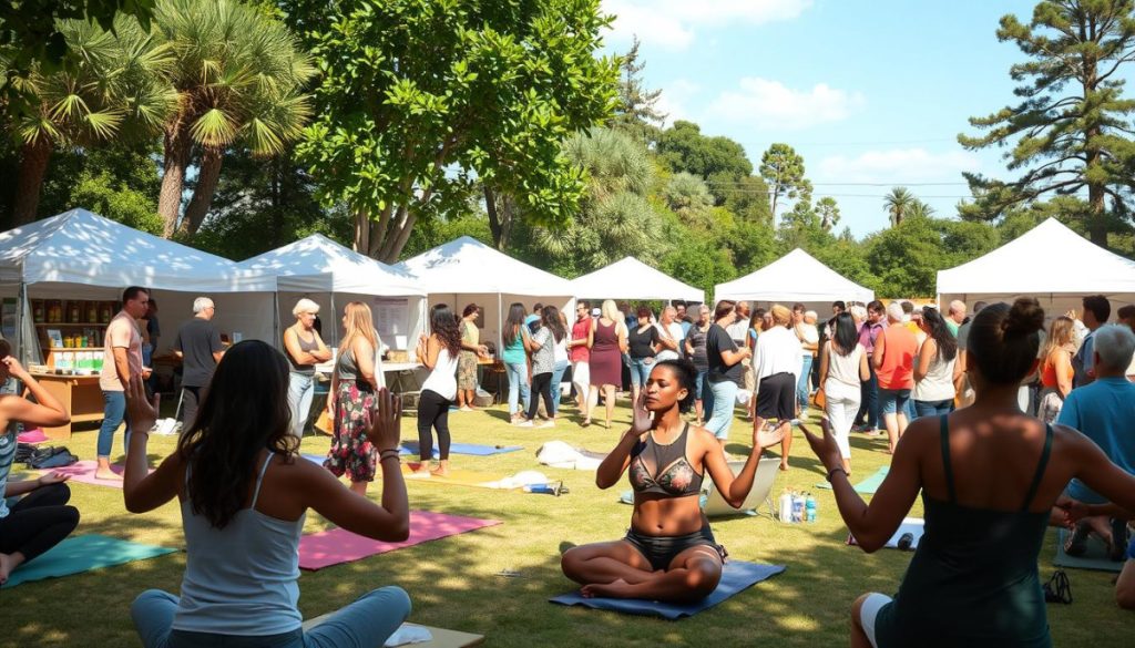 A Vibrant Community Gathering Promoting Holistic Wellness, With A Diverse Crowd Engaged In Activities Like Yoga, Meditation, And Healthy Cooking Demonstrations. The Scene Is Bathed In Warm Natural Lighting, Creating A Serene And Inviting Atmosphere. In The Foreground, A Group Of People Of Different Ages And Backgrounds Practice Gentle Stretches On Yoga Mats, While In The Middle Ground, Others Attend A Workshop On Nutritious Meal Preparation. In The Background, Booths And Tents Showcase Various Wellness Products And Services, All Set Against A Backdrop Of Lush Greenery And A Clear Blue Sky. The Overall Effect Is One Of Inclusivity, Positivity, And A Shared Commitment To Collective Well-Being.