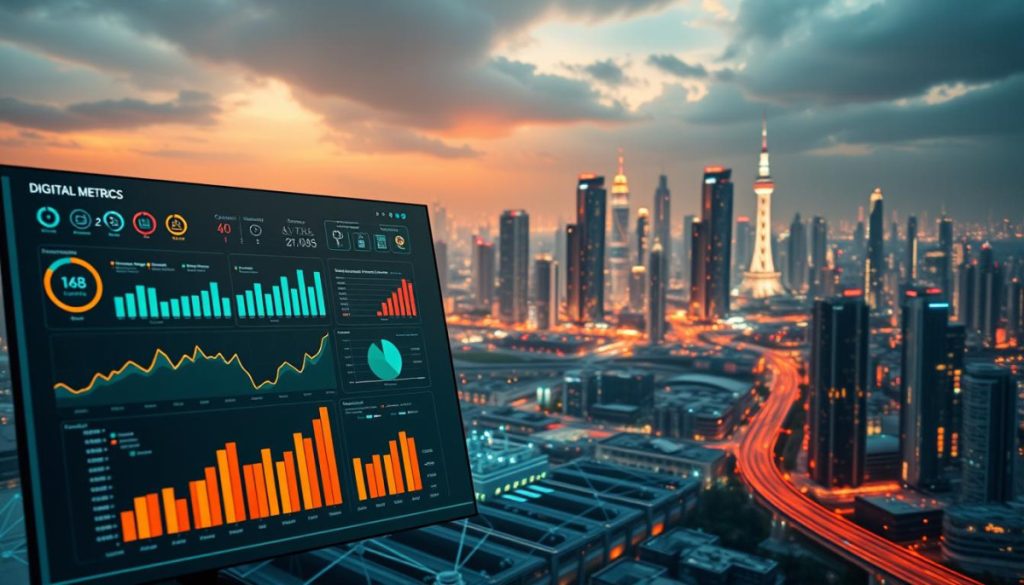 A Vibrant, Data-Driven Landscape Depicting The Key Metrics Of Digital Transformation. In The Foreground, A Sleek Dashboard Displays Real-Time Analytics, Interactive Charts, And Kpis Tracking Customer Engagement, Operational Efficiency, And Revenue Growth. The Middle Ground Features A Network Of Interconnected Digital Devices, Servers, And Cloud Infrastructure, Symbolizing The Technological Integration Powering The Transformation. The Background Showcases A Futuristic Cityscape, Hinting At The Broader Societal Impact Of This Digital Revolution. Illuminated By A Warm, Cinematic Lighting, The Scene Conveys A Sense Of Progress, Innovation, And The Seamless Fusion Of Technology And Business.