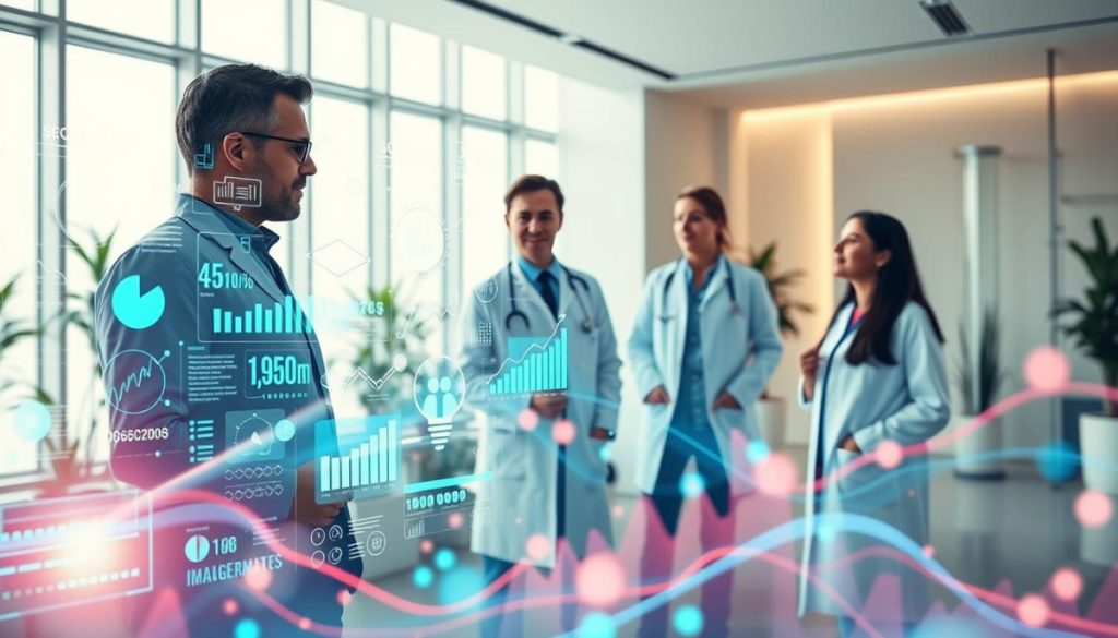 A Vibrant, Data-Driven Landscape Where Healthcare Narratives Unfold. In The Foreground, A Dynamic Visualization Pulses With Insights, Charts, And Metrics That Tell A Compelling Story. In The Middle Ground, Medical Professionals And Patients Engage In Thoughtful Discourse, Their Expressions Reflecting A Deep Understanding Of The Data'S Significance. The Background Features A Sleek, Minimalist Office Setting, With Modern Design Elements And A Large, Floor-To-Ceiling Window Casting A Warm, Natural Light Across The Scene. The Overall Mood Is One Of Authority, Professionalism, And A Commitment To Evidence-Based Storytelling That Empowers And Informs.