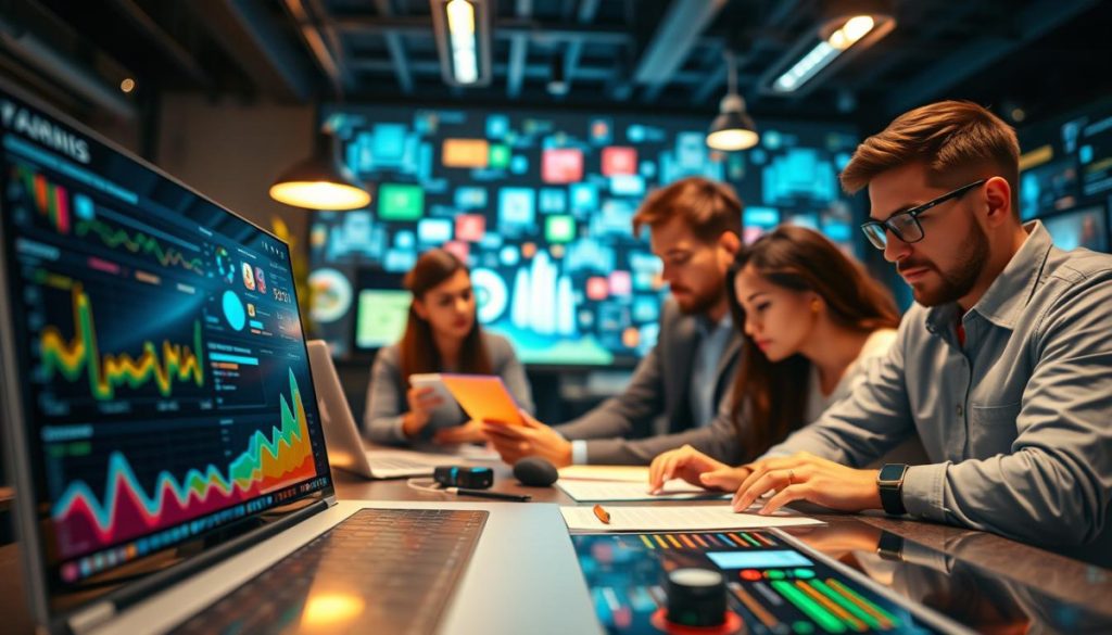 A Vibrant, Data-Driven Marketing Landscape Comes To Life With Precision And Clarity. In The Foreground, A Sleek Dashboard Displays Vivid Visualizations And Analytics, Guiding Strategic Decision-Making. The Middle Ground Showcases A Team Of Experts Collaborating, Their Faces Animated With Thoughtful Expressions As They Analyze Insights. In The Background, A Dynamic Array Of Digital Devices And Platforms Illustrate The Interconnected Nature Of Modern Marketing. Warm, Directional Lighting Casts A Sense Of Purpose And Productivity, While A Shallow Depth Of Field Focuses The Viewer'S Attention On The Core Elements. The Overall Atmosphere Conveys A Harmonious Blend Of Technology, Teamwork, And Transformative Potential.