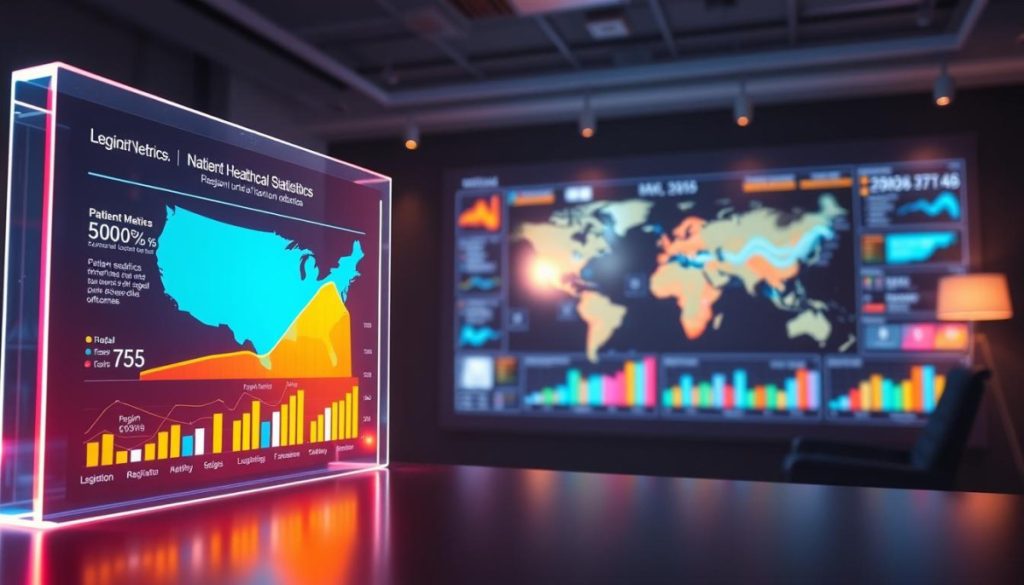 A Vibrant Data Visualization Depicting The Contrast Between Local And National Healthcare Statistics. In The Foreground, A Sleek Holographic Display Showcases Regional Metrics, Such As Patient Satisfaction And Treatment Outcomes, Rendered In A Crisp, Modern Style. In The Middle Ground, A Larger Projection Highlights National Trends, Using Dynamic Visualizations And Color-Coded Graphs To Convey The Broader Landscape. The Background Features A Dimly Lit Office Setting, With Subtle Lighting That Creates A Sense Of Professionalism And Authority. The Overall Atmosphere Evokes A Data-Driven, Yet Visually Engaging, Exploration Of Healthcare Data Preferences For Journalists.