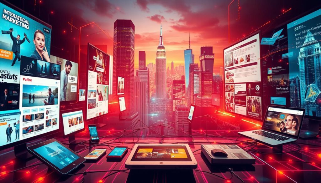 A Vibrant Digital Landscape Showcasing A Collage Of Dynamic Digital Marketing Campaigns. In The Foreground, Bold And Eye-Catching Visuals, Such As Interactive Ads, Social Media Posts, And Email Newsletters, Capture The Viewer'S Attention. The Middle Ground Features A Network Of Interconnected Digital Devices, Including Smartphones, Laptops, And Tablets, Illustrating The Multichannel Nature Of Modern Marketing. In The Background, A Cityscape Of Skyscrapers And Neon Lights Suggests The Urban, Fast-Paced Environment Of The Digital Realm. The Scene Is Illuminated By Warm, Vibrant Lighting, Creating A Sense Of Energy And Excitement, Reflecting The Impact And Success Of These Innovative Digital Marketing Strategies.