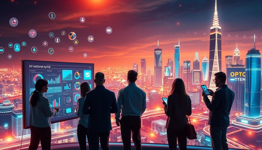 A Vibrant Digital Landscape Showcasing Diverse Digital Marketing Engagement Strategies. In The Foreground, A Group Of People Interacting With A Large Touchscreen Interface, Exploring Interactive Data Visualizations And Real-Time Analytics. The Middle Ground Features A Network Of Digital Devices, Smartphones, And Tablets, Symbolizing The Cross-Channel Communication And Customer Touchpoints. In The Background, A Futuristic Cityscape With Skyscrapers And Glowing Holographic Interfaces, Representing The Latest Advancements In Ai-Powered Digital Marketing. Warm Lighting Casts A Dynamic Glow, Creating A Sense Of Energy And Innovation. The Scene Conveys The Power Of Constitutional Ai Frameworks To Enhance Digital Marketing Engagement And Unlock Business Potential.