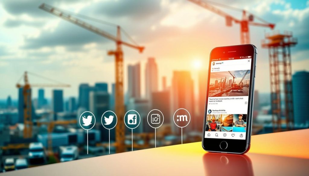 A Vibrant Digital Landscape Showcasing Social Media Platforms Tailored For Construction Brands. In The Foreground, A Sleek Smartphone Displays A Visually Engaging Feed Of Construction Project Updates, Product Showcases, And Client Testimonials. The Middle Ground Features Various Social Media Icons Subtly Positioned To Highlight The Integrated Nature Of The Digital Ecosystem. The Background Depicts A Dynamic Cityscape With Towering Cranes And Scaffolding, Creating A Sense Of Industry And Progress. The Lighting Is Warm And Inviting, Conveying A Professional Yet Approachable Atmosphere. The Overall Composition Emphasizes The Power Of Visual Storytelling And The Strategic Use Of Social Media To Amplify The Presence And Impact Of Construction Brands.
