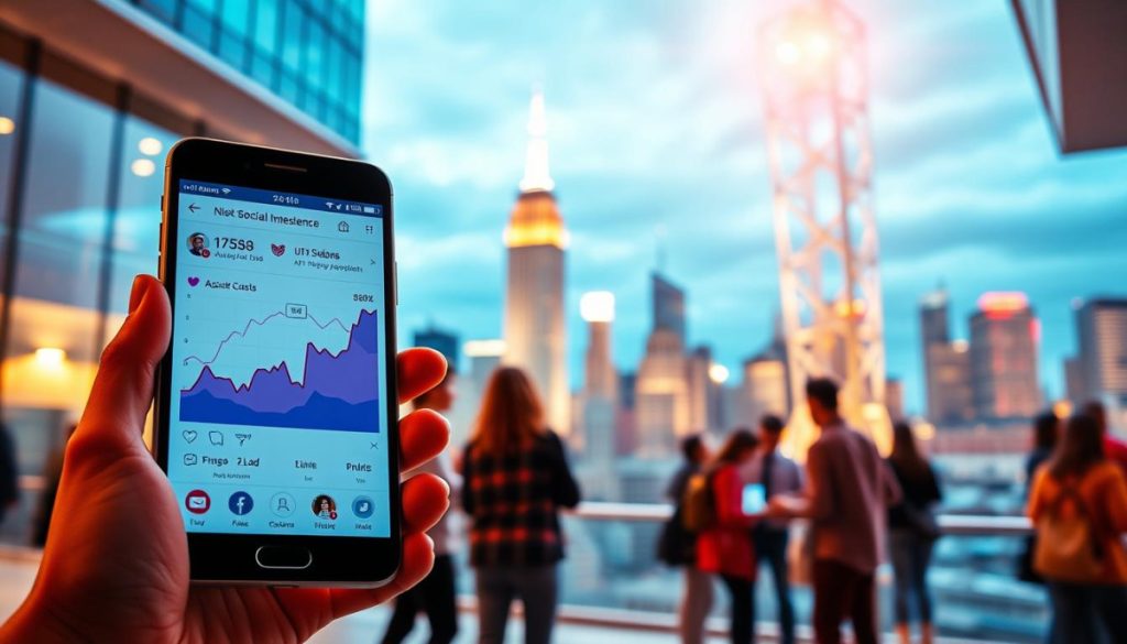 A Vibrant, Digital Landscape Showcasing The Benefits Of Social Media Pr. In The Foreground, A Sleek Smartphone Displays A Social Media Platform'S Analytics, Highlighting Rising Engagement Metrics. In The Middle Ground, A Diverse Group Of People Engage With The Platform, Sharing Content And Building Connections. The Background Features A Modern City Skyline, Symbolizing The Widespread Reach And Impact Of Social Media-Driven Pr. Warm Lighting And A Dynamic Camera Angle Create A Sense Of Excitement And Opportunity. The Scene Conveys The Power Of Leveraging Social Media To Amplify Brand Presence, Foster Community, And Drive Tangible Pr Success.