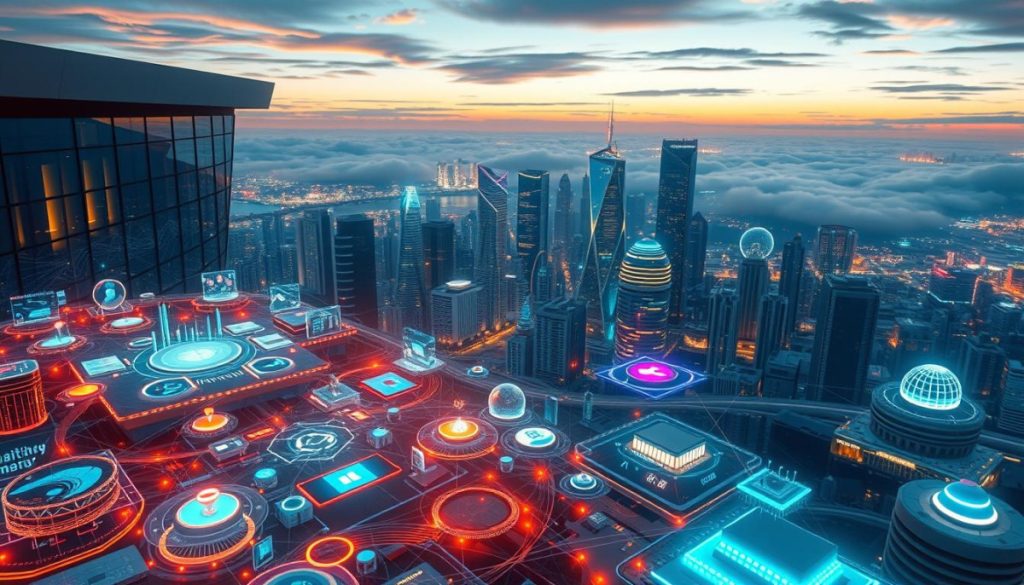 A Vibrant Digital Transformation Landscape, Showcasing A Diverse Array Of Cutting-Edge Tools Against A Backdrop Of Sleek, Modern Architecture. In The Foreground, An Array Of Glowing, Holographic Interfaces, Data Visualizations, And Interconnected Devices, All Illuminated By A Warm, Diffused Lighting That Creates A Sense Of Dynamism And Technological Progress. In The Middle Ground, A Panoramic Vista Of Soaring Skyscrapers And Gleaming, Futuristic Structures, Hinting At The Vast Potential Of Digital Innovation. In The Distance, A Horizon Of Emerging Technologies, Represented By Swirling Clouds Of Data And Pulsing Energy Fields, Creating An Atmosphere Of Endless Possibilities And A Vision Of A Digitally Transformed Future.