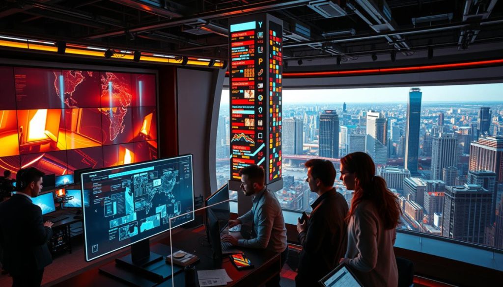 A Vibrant, Dynamic Newsroom Setting With A Futuristic Twist. In The Foreground, A Team Of Journalists And Designers Collaborate On A Sleek, Holographic Visual Interface, Their Expressions Focused And Determined. The Middle Ground Features A Towering, Tech-Infused News Ticker, Its Scrolling Headlines And Data Visualizations Casting An Electric Glow. In The Background, A Panoramic View Of A Bustling Metropolis, Its Skyscrapers And Infrastructure Evoking A Sense Of Progress And Innovation. The Overall Atmosphere Is One Of Energy, Innovation, And The Thrill Of Breaking News. Warm, Directional Lighting Illuminates The Scene, Creating Depth And Drama. Captured With A Wide-Angle Lens To Emphasize The Grand Scale And Dynamism Of The Setting.