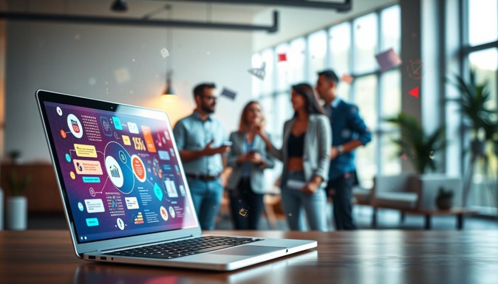 A Vibrant, Dynamic Scene Showcasing The Power Of Content Marketing. In The Foreground, A Laptop Displays A Captivating Digital Presentation, Its Screen Illuminated By A Soft, Warm Glow. Surrounding It, A Swirl Of Colorful Data Visualizations, Infographics, And Interactive Elements Dance Across The Frame, Creating A Sense Of Energy And Engagement. In The Middle Ground, A Diverse Team Of Marketers And Creatives Collaborate, Their Expressions Animated As They Brainstorm New Ideas. The Background Blurs Into A Modern, Minimalist Office Setting, Filled With Natural Light And Sleek, Contemporary Furnishings. The Overall Atmosphere Conveys The Transformative Impact Of Innovative, Audience-Centric Content Marketing Strategies.