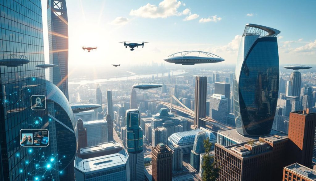 A Vibrant, Futuristic Cityscape With Towering Skyscrapers And Sleek, Modern Architecture. In The Foreground, A Group Of Holographic Displays Showcase The Latest Advancements In Artificial Intelligence, Machine Learning, And Data Visualization. Gleaming Metal And Glass Constructions Refract Shimmering Rays Of Light, Creating An Atmosphere Of Technological Innovation And Progress. In The Middle Ground, Autonomous Vehicles And Drones Zip Through The Air, Seamlessly Integrated Into The Urban Landscape. The Background Is A Panoramic View Of A Bustling Metropolis, Where The Skyline Is Punctuated By Floating Platforms And Suspended Bridges, All Powered By Cutting-Edge Renewable Energy Sources. The Overall Scene Conveys A Sense Of Dynamic, Forward-Thinking Technological Evolution.