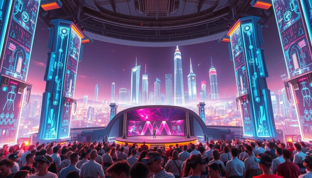 A Vibrant, Futuristic Landscape Of Virtual Reality Platforms, With Towering Holographic Displays And Sleek, Immersive Interfaces. The Foreground Features A Central Stage, Surrounded By A Captivating Audience Of Digital Avatars, Their Expressions And Gestures Lifelike And Engaging. In The Middle Ground, Cutting-Edge Vr Headsets And Haptic Controllers Are Seamlessly Integrated Into The Environment, Enabling A Seamless Exploration Of The Metaverse. The Background Showcases A Panoramic View Of The Virtual Cityscape, With Towering Skyscrapers And Shimmering Holographic Architecture, Bathed In A Warm, Ambient Lighting That Evokes A Sense Of Technological Wonder. The Overall Scene Conveys A Sense Of Advanced, Sophisticated Virtual Reality Technology That Powers Dynamic, Interactive Metaverse Events.