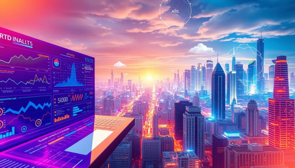 A Vibrant, Hyperrealistic Digital Landscape Showcasing The Transformative Power Of Ai. In The Foreground, A Sleek, Futuristic User Interface With Dynamic Data Visualizations And Smart Analytics Dashboards. The Middle Ground Reveals A Complex Network Of Interconnected Systems, Ai Algorithms, And Cloud-Based Infrastructure, All Seamlessly Integrated. The Background Depicts A Cityscape Of Towering Skyscrapers, Pulsing With The Energy Of Technological Innovation, Bathed In A Warm, Ethereal Glow. The Scene Conveys A Sense Of Progress, Efficiency, And The Boundless Potential Of Ai-Driven Digital Transformation.