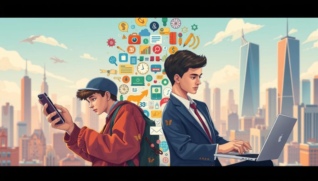A Vibrant, Hyperrealistic Illustration Depicting The Generational Divide Between Gen Z And Millennials. In The Foreground, A Young Gen Z Individual Dressed In Trendy Streetwear, Immersed In Their Smartphone, Contrasted By A Millennial In Business Attire, Focused On A Laptop. In The Middle Ground, A Mosaic Of Icons And Symbols Representing The Distinct Values, Priorities, And Technology Preferences Of Each Generation. The Background Features A Dynamic Cityscape, With Skyscrapers And Urban Landscapes, Conveying The Fast-Paced, Tech-Driven World That Has Shaped These Generations. The Lighting Is Warm And Natural, Creating A Sense Of Depth And Dimension. The Overall Composition Highlights The Striking Differences And The Evolving Landscape That Pr Professionals Must Navigate When Targeting These Two Influential Demographic Groups.