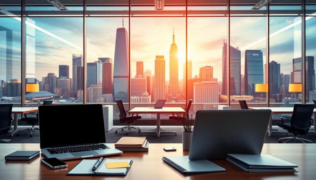 A Vibrant, Hyperrealistic Image Of A Productivity Boost In The Pr Industry. In The Foreground, An Efficient Desk Setup With A Laptop, Smartphone, And Organizational Tools Like A Planner And Sticky Notes. The Middle Ground Features A Stylish Office Environment With Sleek Furniture, Ergonomic Chairs, And Strategic Lighting. In The Background, A Dynamic City Skyline With Skyscrapers And Busy Streets, Symbolizing The Fast-Paced Nature Of Public Relations. The Scene Conveys A Sense Of Focus, Organization, And The Power Of Technology To Streamline Pr Workflows, Boost Efficiency, And Elevate Productivity.
