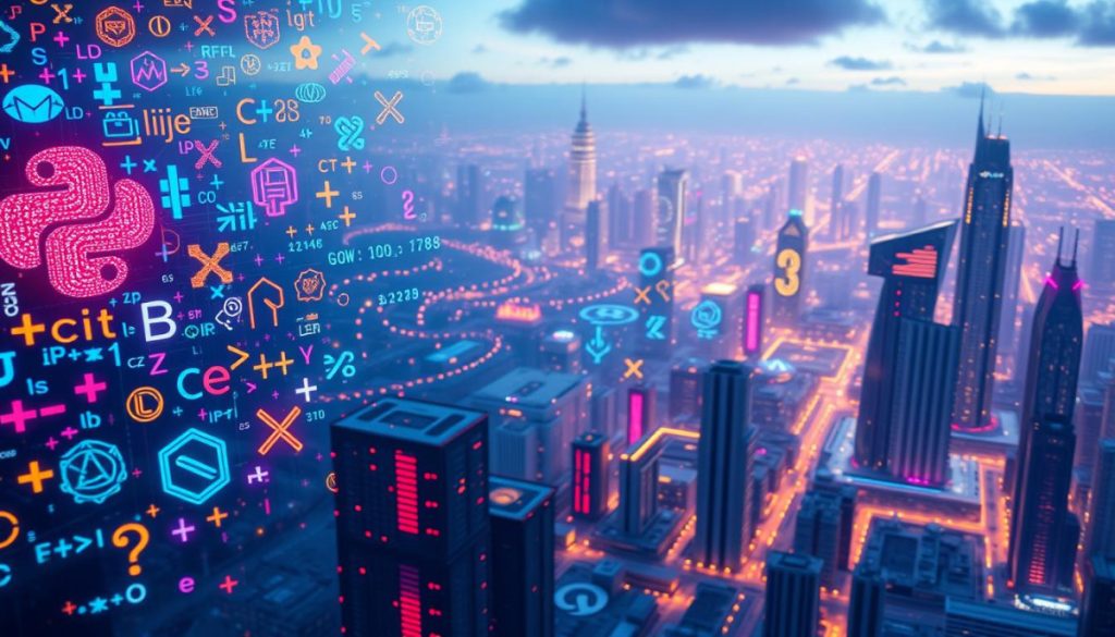 A Vibrant, Hyperrealistic Scene Depicting The Core Technical Foundations For Ai Engineers. In The Foreground, A Floating Array Of Programming Language Symbols – Python, Java, C++, And More – Shimmering With Intricate Details. In The Middle Ground, A Vast Data Landscape Unfolds, With Towering Stacks Of Servers And Glowing Holographic Visualizations. The Background Is A Panoramic View Of A Futuristic Metropolis, Its Skyscrapers And Infrastructure Intertwined With Cutting-Edge Ai Systems. The Lighting Is A Captivating Blend Of Neon Hues And Subtle Ambient Illumination, Creating A Dynamic, Tech-Infused Atmosphere. The Camera Angle Is Slightly Elevated, Providing An Immersive, Almost Cinematic Perspective.