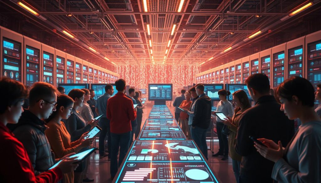 A Vibrant, Hyperrealistic Scene Of Personalized Customer Experiences In The Digital Age. In The Foreground, A Diverse Group Of Individuals Interacting With Sleek, Futuristic Digital Devices, Each Screen Displaying Tailored Content And Services. The Middle Ground Features A Seamless Blend Of Physical And Virtual Spaces, With Holographic Interfaces And Dynamic Data Visualizations. In The Background, A Vast, Interconnected Network Of Servers And Data Centers Hums With Activity, Powering The Personalized Experiences. Warm, Ambient Lighting And A Sense Of Movement And Energy Create An Immersive, Empathetic Atmosphere, Reflecting The Importance Of Tailored Solutions In The Modern Digital Landscape.