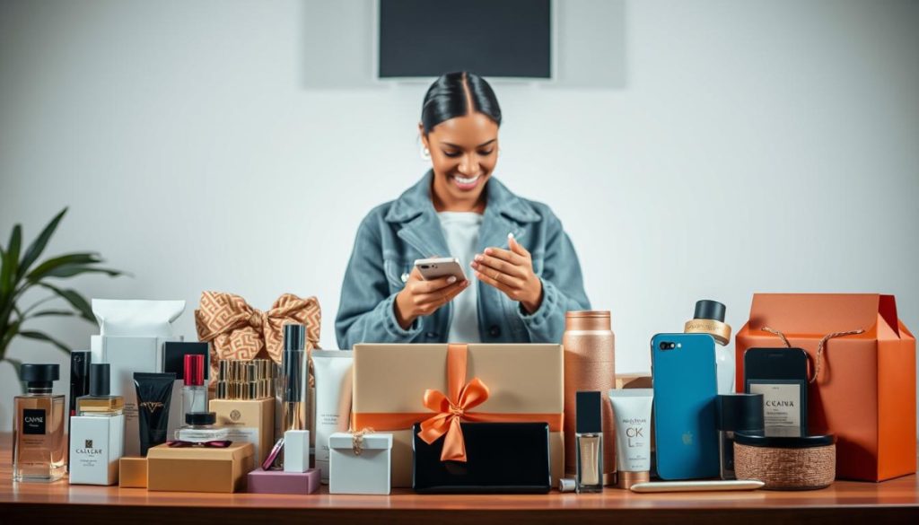 A Vibrant, Well-Lit Scene Showcasing An Influencer'S Gifting Strategy. In The Foreground, A Neatly Arranged Display Of Stylish, High-Quality Products - Luxury Cosmetics, Trendy Apparel, And Premium Electronics. Positioned Prominently, These Gifts Convey A Sense Of Exclusivity And Personalization. In The Middle Ground, An Influential Social Media Personality Examines The Products, Exuding An Air Of Delight And Approval. The Background Features A Minimalist, Modern Studio Setting With Soft, Diffused Lighting, Emphasizing The Professionalism And Attention To Detail Of The Influencer'S Gifting Process. The Overall Mood Is One Of Aspirational Luxury, Authenticity, And Mutually Beneficial Collaboration Between Brand And Influencer.