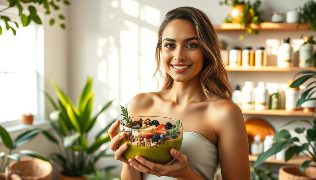A Vibrant Wellness Influencer Stands In A Sun-Dappled Studio, Surrounded By Lush Greenery And Holistic Accents. Soft, Warm Lighting Accentuates Her Radiant, Glowing Skin And Natural Makeup. She Holds A Smoothie Bowl Brimming With Nutrient-Dense Superfoods, Her Expression Serene And Inviting. In The Background, Shelves Display An Array Of Premium Wellness Products, Their Packaging And Branding Reflecting The Brand'S Elevated, Minimalist Aesthetic. The Overall Scene Conveys A Sense Of Tranquility, Authenticity, And The Effortless Integration Of Wellness Into Daily Life.