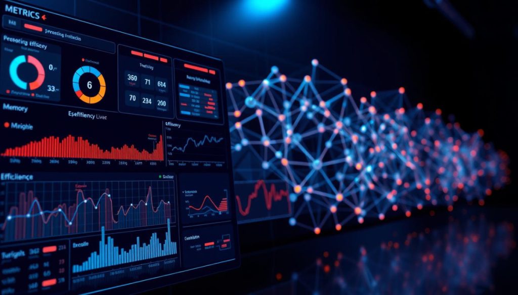 A Visually Captivating And Highly Detailed Illustration Of Efficiency Metrics For An Advanced Ai System. The Foreground Features A Sleek, Futuristic Dashboard Displaying A Range Of Real-Time Performance Indicators, Including Processing Speed, Memory Usage, And Energy Consumption. The Middle Ground Showcases Intricate Data Visualizations, Such As Line Graphs And Scatter Plots, Highlighting The Complex Relationships Between Various Efficiency Parameters. In The Background, A Dynamic, Three-Dimensional Render Of The Ai Model'S Neural Network Architecture Creates A Sense Of Depth And Technical Sophistication. The Lighting Is Crisp And Directional, Emphasizing The Cutting-Edge Technology And Precision Of The System. The Overall Atmosphere Conveys A Sense Of Innovation, Optimization, And Seamless Integration, Perfectly Capturing The Essence Of &Quot;Understanding Deepseek Model Efficiency&Quot;.