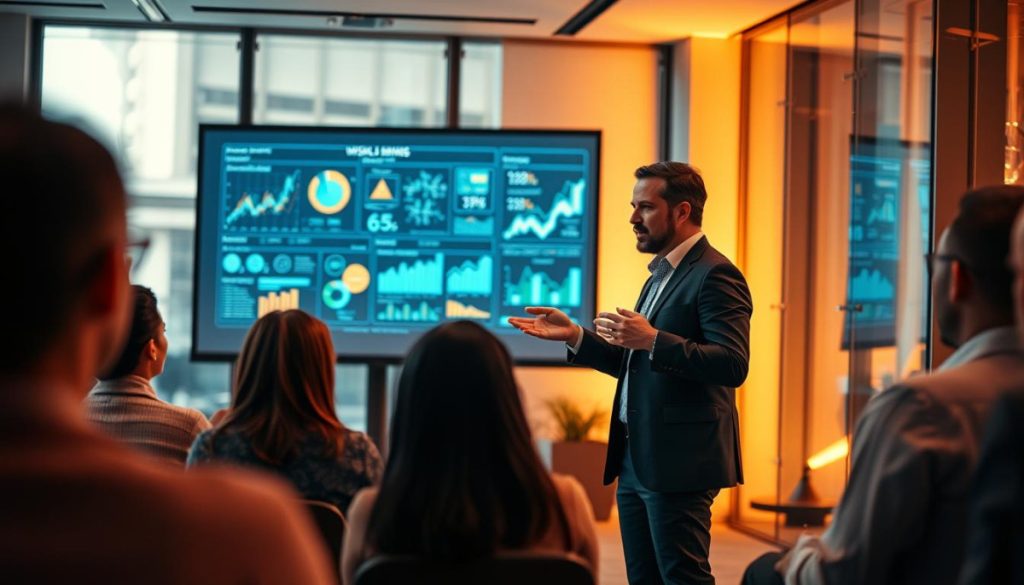A Visually Compelling Scene Of Visual Storytelling In Pr. In The Foreground, A Professional Presenter Confidently Delivers A Presentation, Using Dynamic Data Visualizations Projected Behind Them. The Middle Ground Features An Engaged Audience, Their Expressions Rapt As They Absorb The Information. In The Background, A Sleek, Modern Office Setting With Floor-To-Ceiling Windows, Bathed In Warm, Directional Lighting, Creates An Atmosphere Of Sophistication And Authority. The Scene Conveys The Power Of Data Visualization To Captivate And Inform, Essential For Successful Pr Campaigns.