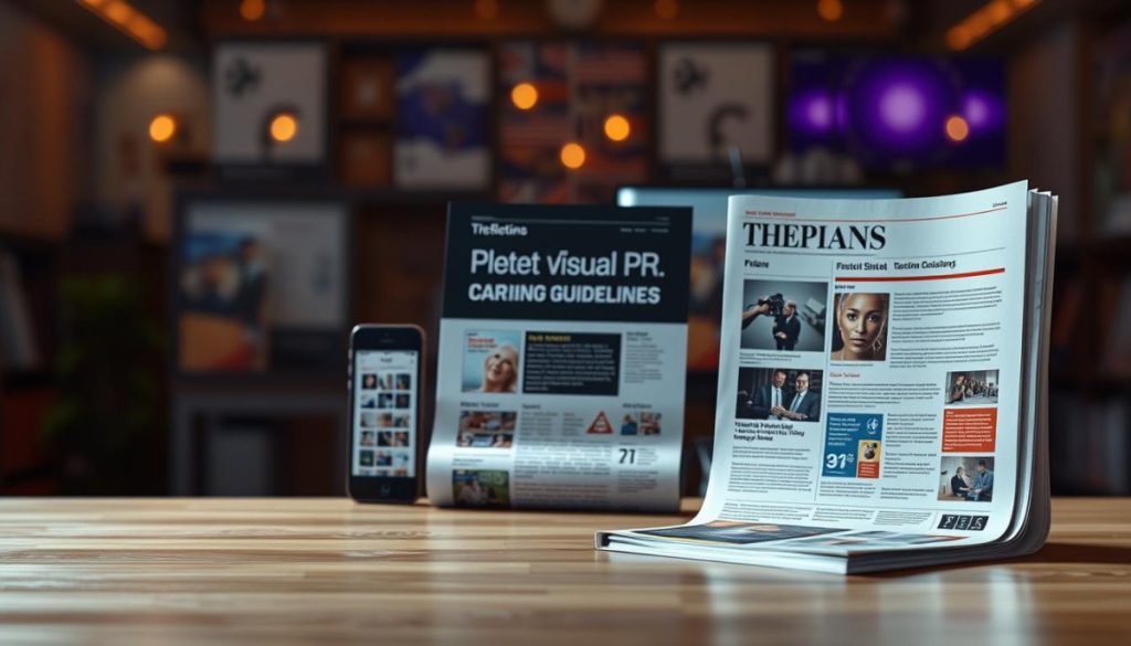 A Visually Striking Illustration Of Brand-Consistent Visual Pr, Captured In A High-Definition, Photorealistic Style. In The Foreground, A Cohesive Set Of Visual Elements - A Distinct Color Palette, Typography, And Symbolic Icons - Seamlessly Blends To Convey A Strong, Recognizable Brand Identity. The Middle Ground Features Various Media Formats, Such As A Social Media Post, A Press Release, And A Magazine Cover, All Adhering To The Established Visual Guidelines. The Background Subtly Suggests The Diverse Channels And Touchpoints Where This Brand-Consistent Visual Pr Is Deployed, Creating A Sense Of Cohesion And Unity Across The Marketing Ecosystem. Dramatic Lighting, Precise Camera Angles, And A Cinematic Depth Of Field Heighten The Overall Impact And Professionalism Of The Image.