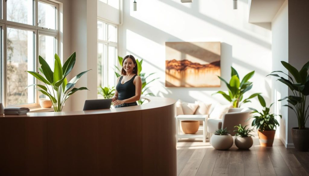 A Warm, Inviting Scene Of A Modern, Minimalist Wellness Studio With Natural Lighting Filtering Through Large Windows. In The Foreground, A Sleek, Curved Reception Desk Is Staffed By A Friendly, Approachable Receptionist, Conveying A Sense Of Professionalism And Trustworthiness. The Middle Ground Features A Cozy Lounge Area With Plush, Neutral-Toned Furnishings And Lush, Verdant Potted Plants, Creating A Serene, Nurturing Ambiance. In The Background, A Wall Displays An Abstract, Calming Artwork In Soothing Earth Tones. The Overall Mood Is One Of Tranquility, Balance, And A Strong Commitment To Holistic Health And Wellness.