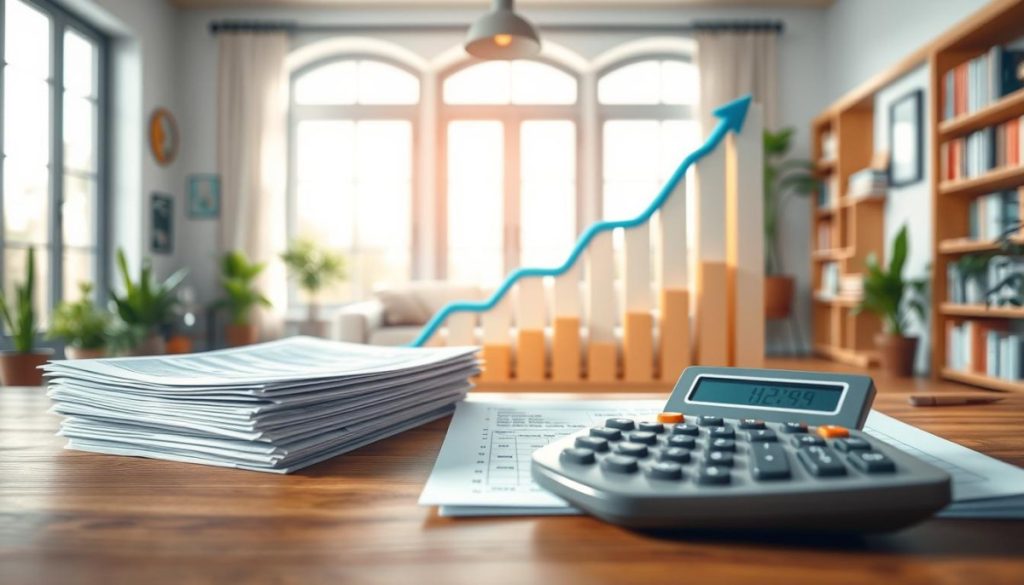 A Well-Lit, Detailed, Hyperrealistic Illustration Of Retirement Planning Topics. In The Foreground, A Stack Of Financial Documents And A Calculator On A Wooden Desk. In The Middle Ground, A 3D Model Of A Retirement Savings Graph With Upward Trending Lines. In The Background, A Serene Home Interior With Bookshelf, Potted Plants, And Natural Lighting From Large Windows. The Scene Conveys A Sense Of Financial Preparedness, Education, And Thoughtful Long-Term Planning For One'S Golden Years.