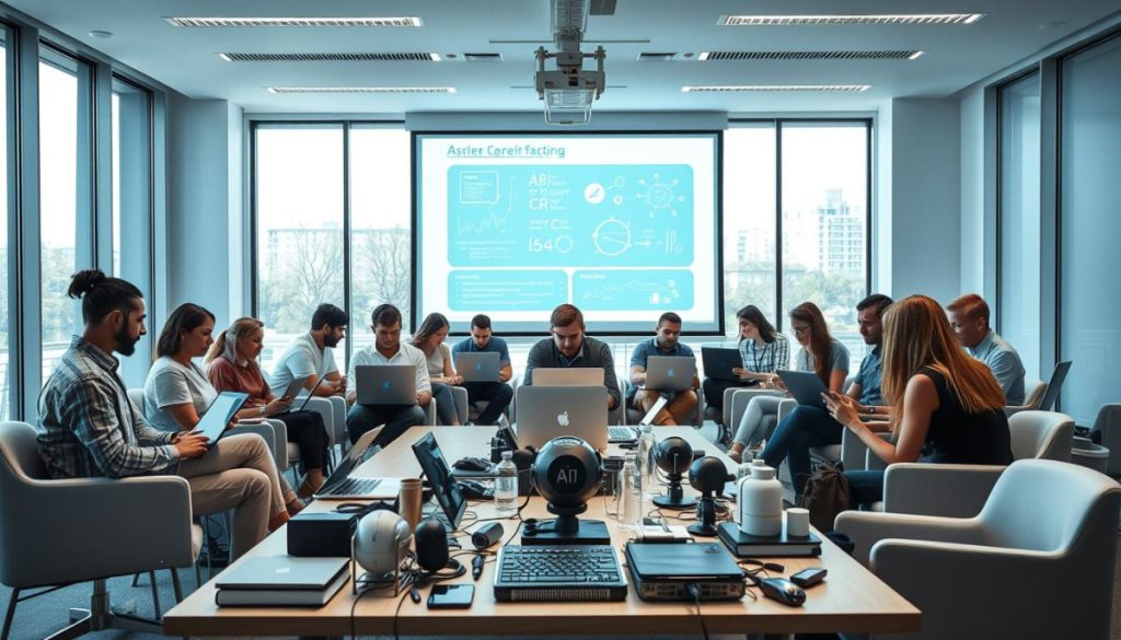 A Well-Lit, Modern Classroom Setting With A Group Of Diverse Individuals Intently Focused On Their Laptops And Tablets. The Room Is Filled With Sleek, Minimalist Furniture, And Large Windows Provide Ample Natural Light, Creating A Bright And Airy Atmosphere. In The Foreground, A Table Displays Various Ai-Powered Tools And Software, While In The Background, A Projection Screen Showcases Visual Representations Of Machine Learning Algorithms And Data Analytics. The Overall Scene Conveys A Sense Of Collaborative Learning And The Empowerment Of Professionals To Unlock Business Growth Through Comprehensive Ai Tool Training.